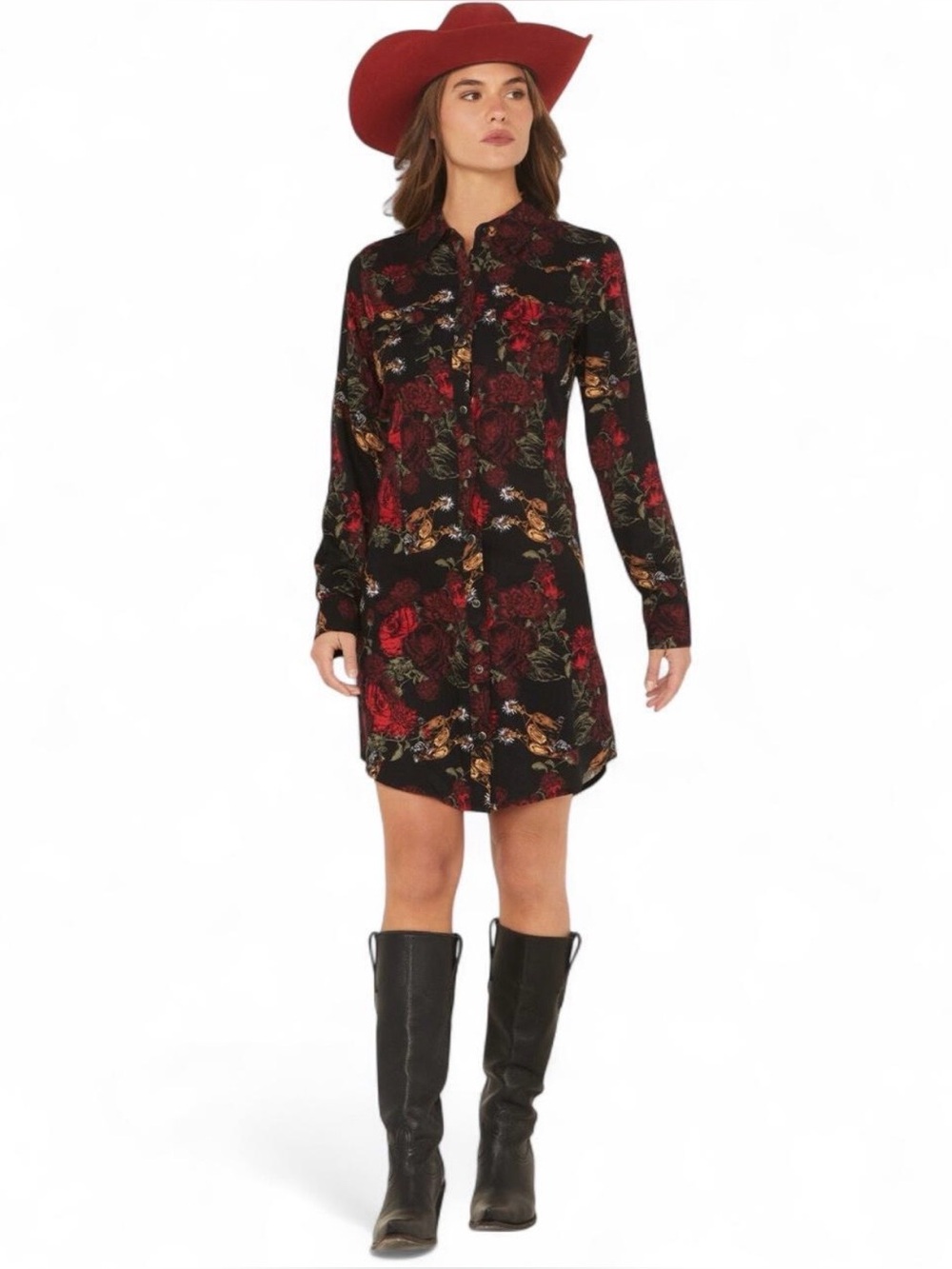 Wrangler Retro Floral Spur Print Long Sleeve Pearl Snap Mini Shirt Dress Small